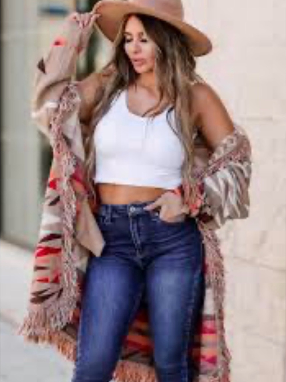 BiBi Beige Fringe Tribal Open-Front Poncho with Red Accents